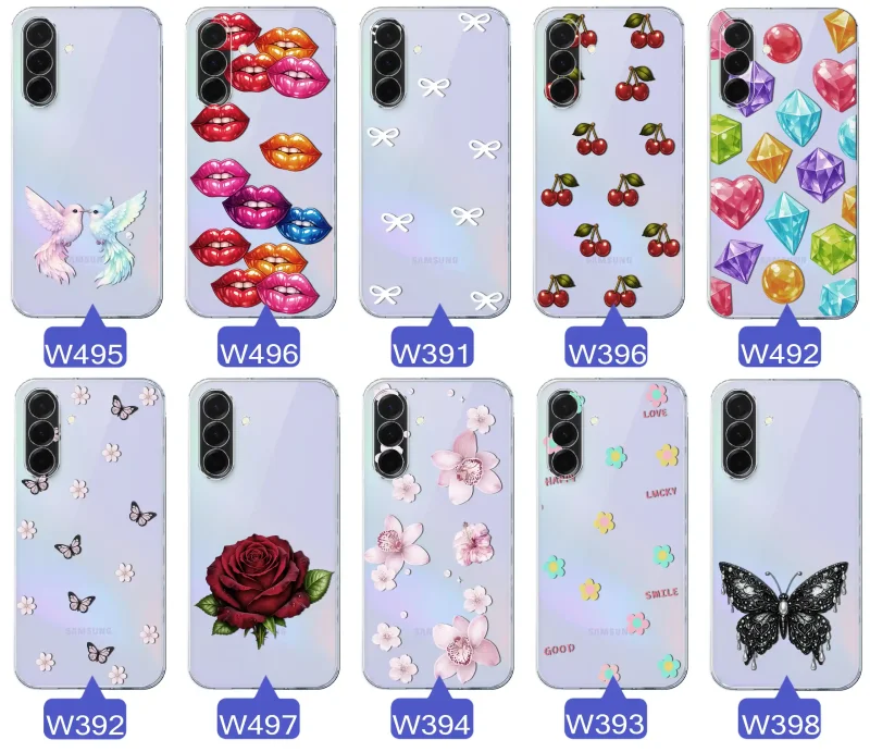 Różne kolorowe stylowe wzory na etui do Samsung Galaxy A36 / A37 5G: kwiaty, wiśnie, ptaszki, usta, kokardy