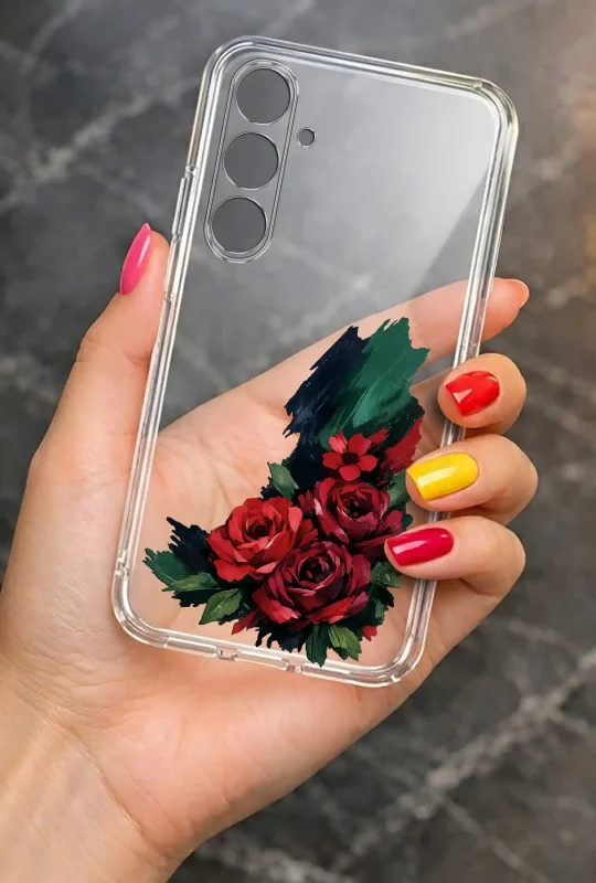 Modne etui do Samsung Galaxy A17 5G ze stylowym wzorem róż, trzymane w dłoni