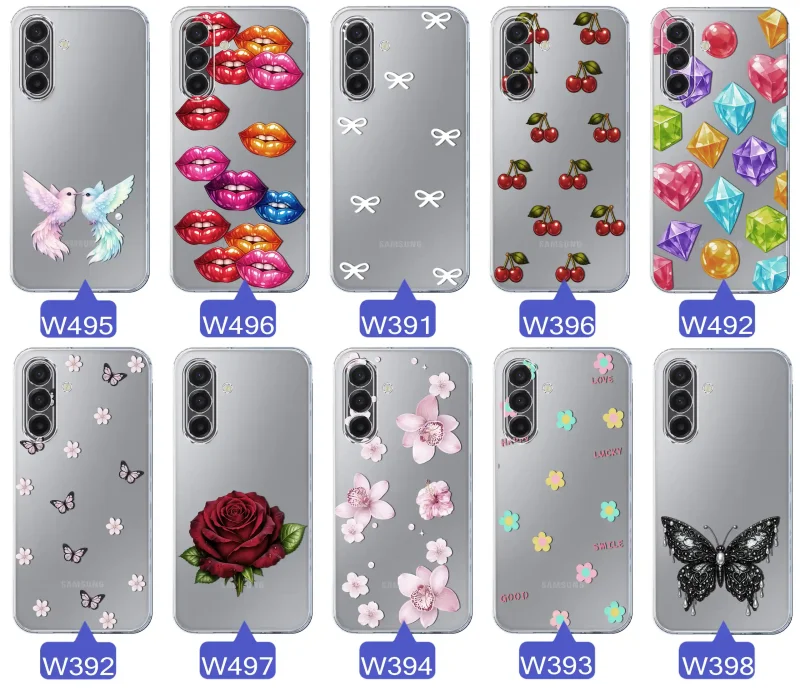 Różne kolorowe stylowe wzory na etui do Samsung Galaxy A17 5G: kwiaty, wiśnie, ptaszki, usta, kokardy