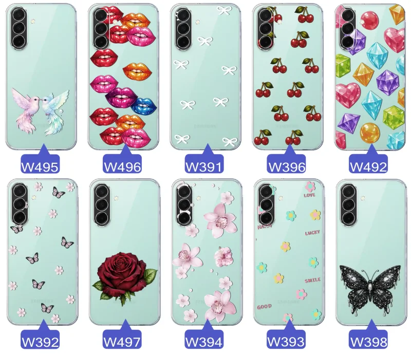 Różne kolorowe stylowe wzory na etui do Samsung Galaxy A26 5G: kwiaty, wiśnie, ptaszki, usta, kokardy