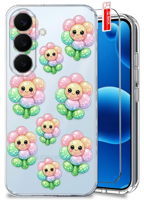 Przezroczyste etui z modnym wzorem uśmiechniętych pastelowych kwiatków do Samsung Galaxy S26 i szkło hartowane w zestawie