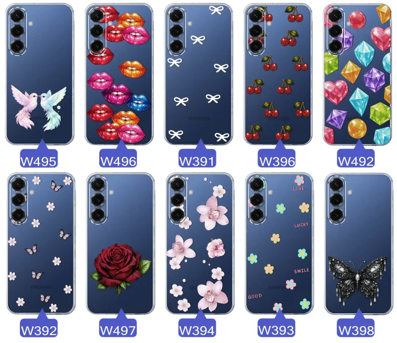 Różne kolorowe stylowe wzory na etui do Samsung Galaxy S25 FE: kwiaty, wiśnie, ptaszki, usta, kokardy
