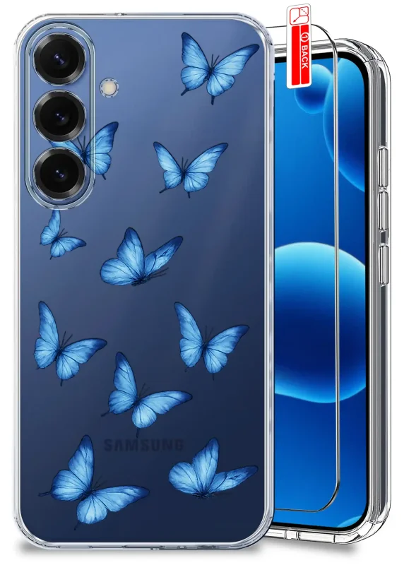Przezroczyste etui z modnym wzorem motyli do Samsung Galaxy S25+ Plus i szkło hartowane w zestawie