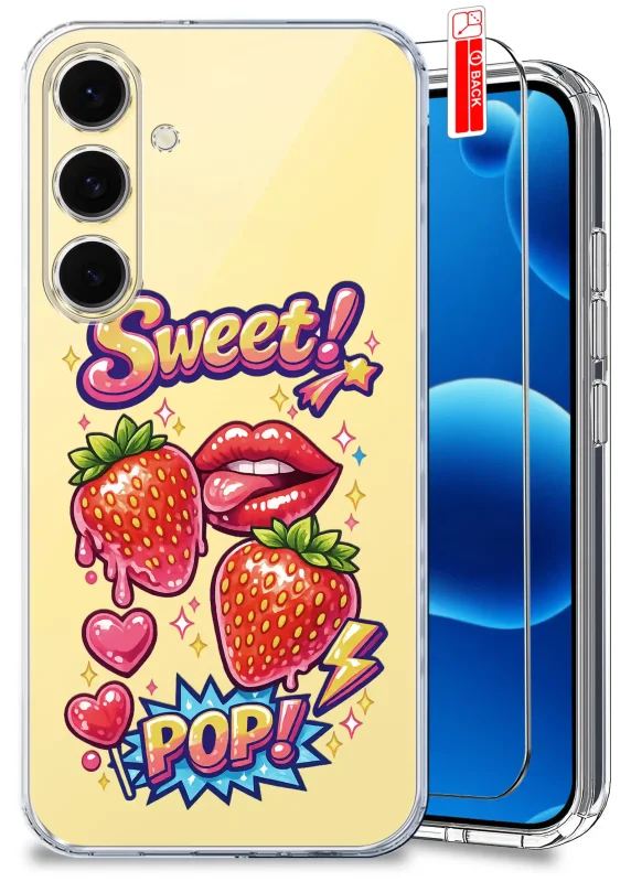 Przezroczyste etui do Samsung Galaxy S24 FE z modnym kolorowym wzorem Sweet Pop, truskawkami, czerwonymi ustami, serduszkami i szkłem hartowanym w zestawie