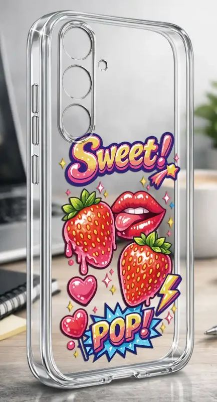 Przezroczyste modne etui z kolorowym nadrukiem Sweet Pop, truskawkami, ustami i serduszkami do Samsung Galaxy S24 FE