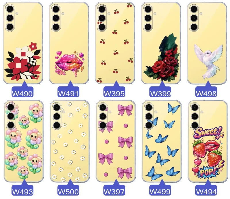 Kolekcja modnych etui z wzorami do Samsung Galaxy S24 FE – kolorowe modne wzory z kokardkami, różami, motylami, ustami, wisienkami