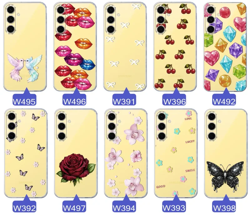 Różne kolorowe stylowe wzory na etui do Samsung Galaxy S24 FE: kwiaty, wiśnie, ptaszki, usta, kokardy