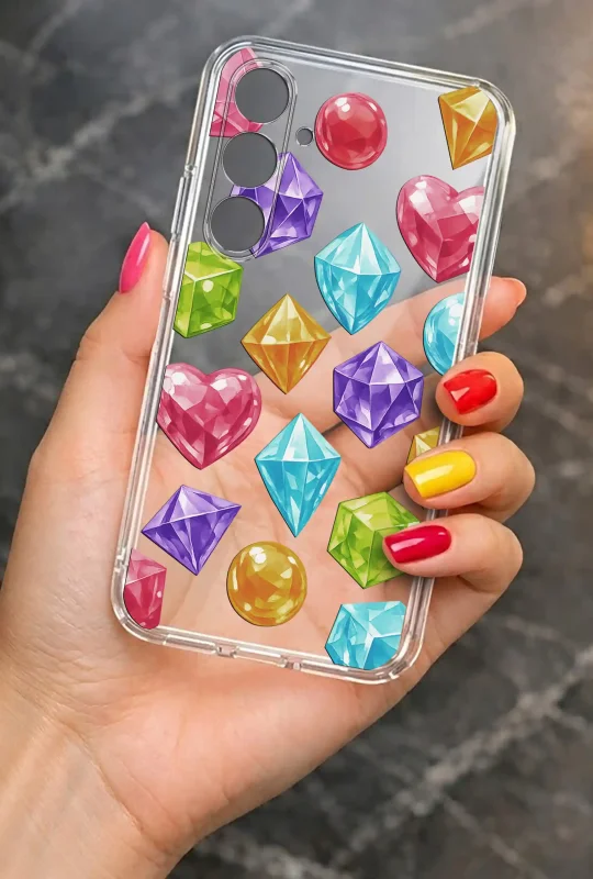 Modne etui do Samsung Galaxy S24+ Plus ze stylowym wzorem kryształków, trzymane w dłoni