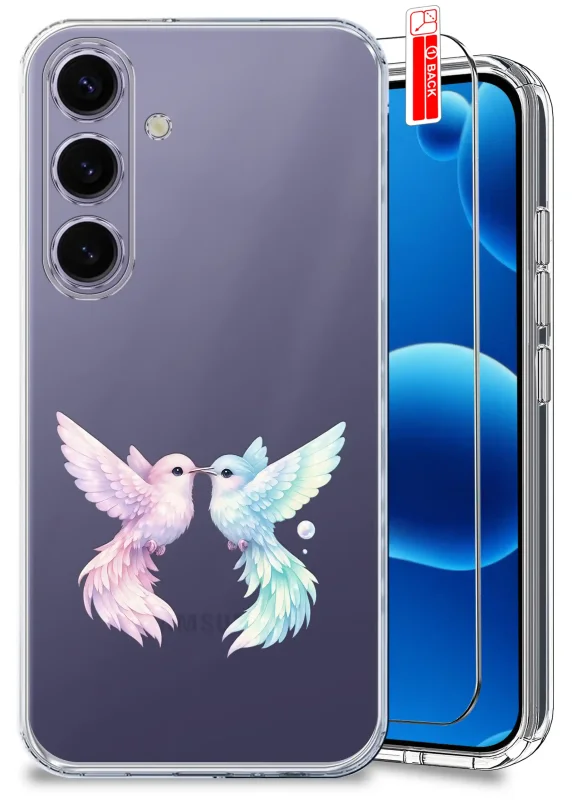 Przezroczyste etui do Samsung Galaxy S24 z modnym kolorowym wzorem ptaków i szkłem hartowanym w zestawie