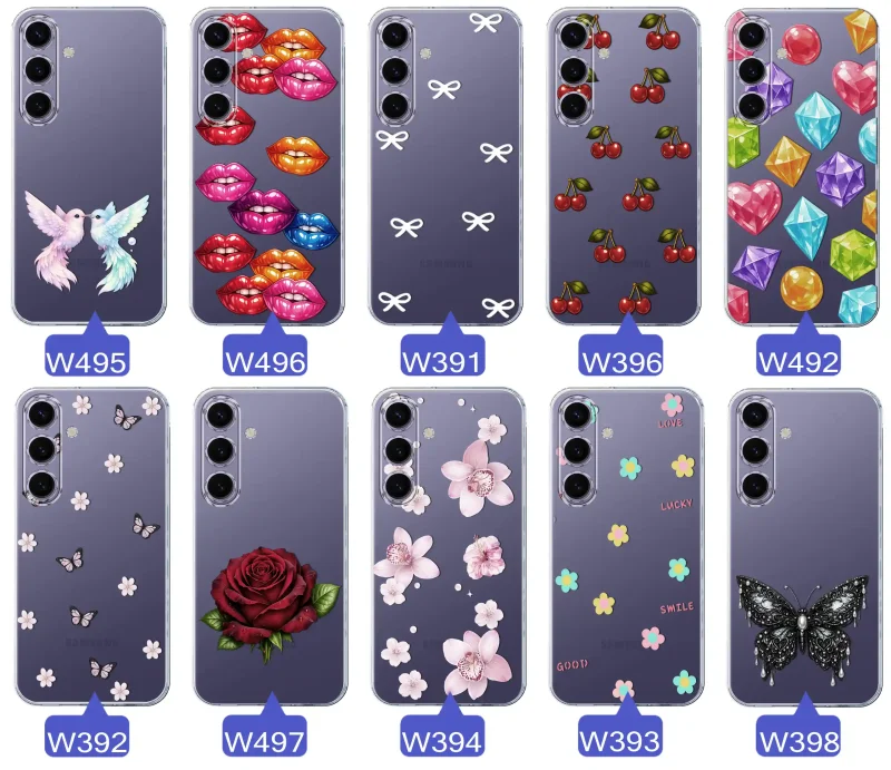 Różne kolorowe stylowe wzory na etui do Samsung Galaxy S24: kwiaty, wiśnie, ptaszki, usta, kokardy