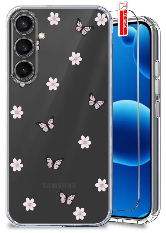 Przezroczyste etui do Samsung Galaxy S23 FE z modnym kolorowym wzorem motyli i kwiatów i szkłem hartowanym w zestawie