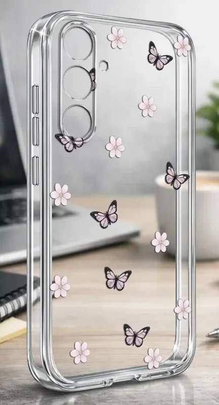Przezroczyste modne etui z kolorowym nadrukiem kwiatków i motylków do Samsung Galaxy S23 FE