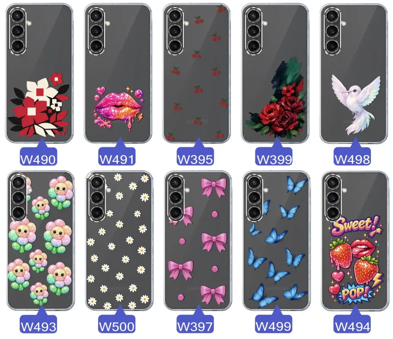 Kolekcja modnych etui z wzorami do Samsung Galaxy S23 FE – kolorowe modne wzory z kokardkami, różami, motylami, ustami, wisienkami