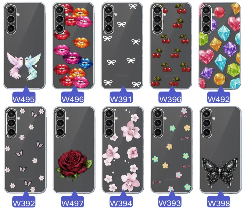 Różne kolorowe stylowe wzory na etui do Samsung Galaxy S23 FE: kwiaty, wiśnie, ptaszki, usta, kokardy