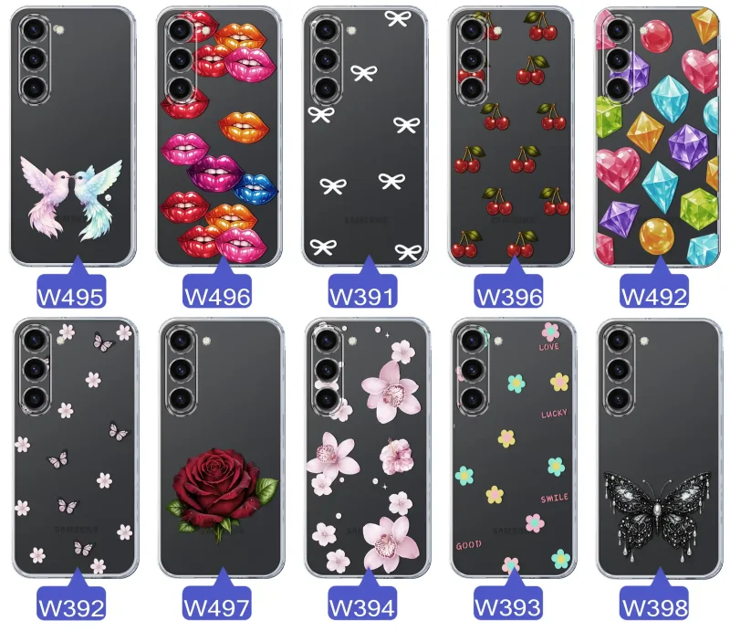 Różne kolorowe stylowe wzory na etui do Samsung Galaxy S23: kwiaty, wiśnie, ptaszki, usta, kokardy