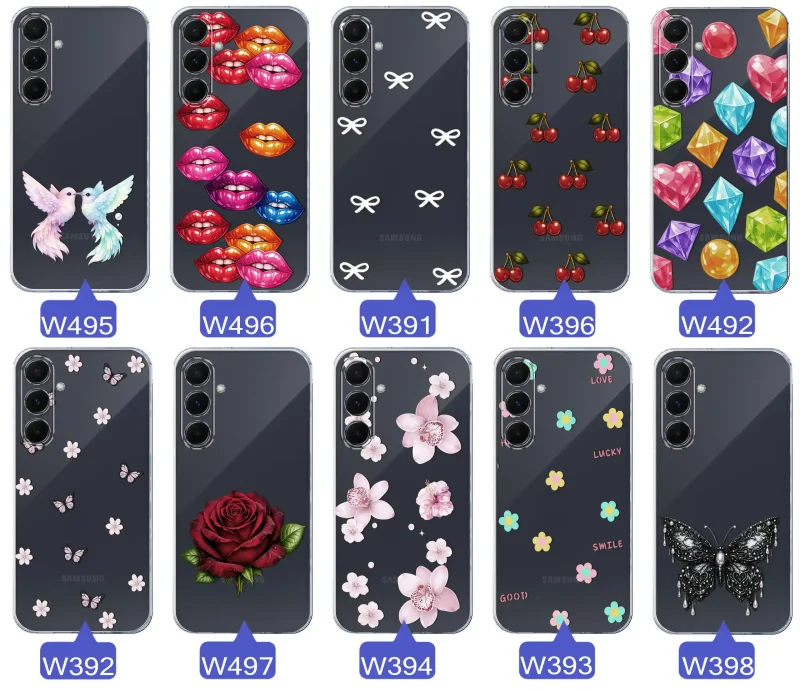 Różne kolorowe stylowe wzory na etui do Samsung Galaxy A55 5G: kwiaty, wiśnie, ptaszki, usta, kokardy