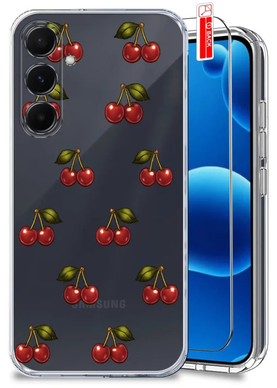 Przezroczyste etui do Samsung Galaxy A54 5G z modnym wzorem wisienek i szkłem hartowanym w zestawie