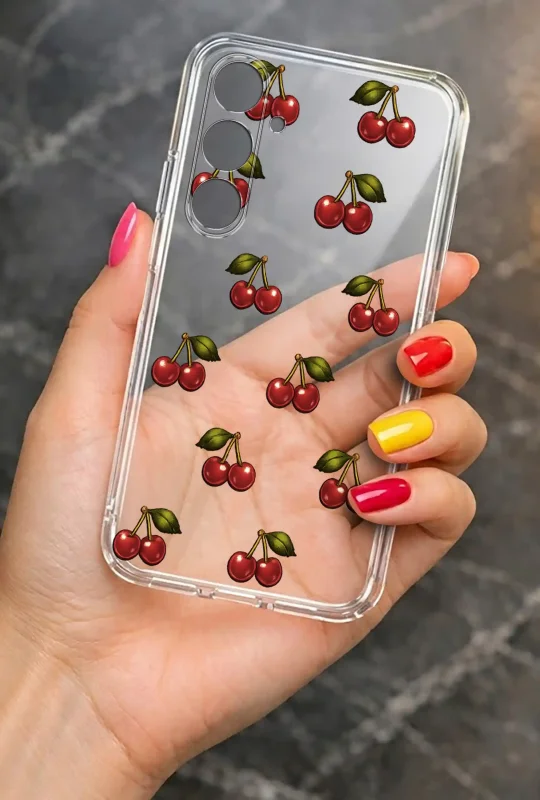 Modne etui do Samsung Galaxy A54 5G ze stylowym wzorem wiśni, trzymane w dłoni