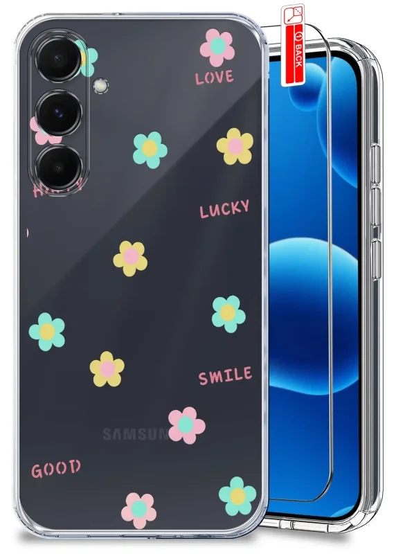 Przezroczyste etui do Samsung Galaxy A35 5G z modnym wzorem kwiatków i napisem lucky oraz szkło hartowane w zestawie