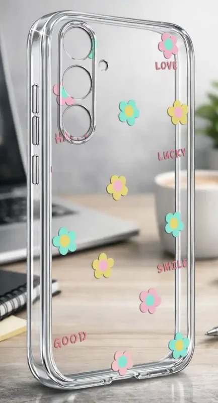 Przezroczyste modne etui z kolorowym nadrukiem kwiatków i napisem lucky do Samsung Galaxy A35 5G