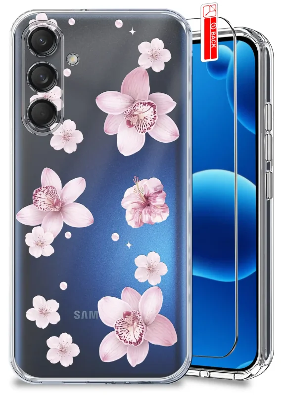 Przezroczyste etui do Samsung Galaxy M55 5G z modnym wzorem kwiatków oraz szkło hartowane w zestawie
