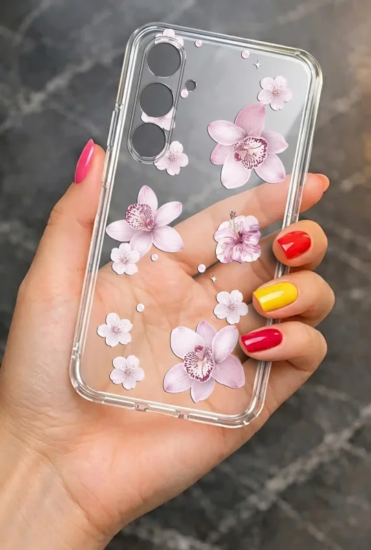 Modne etui do Samsung Galaxy M55 5G ze stylowym wzorem kwiatuszków, trzymane w dłoni