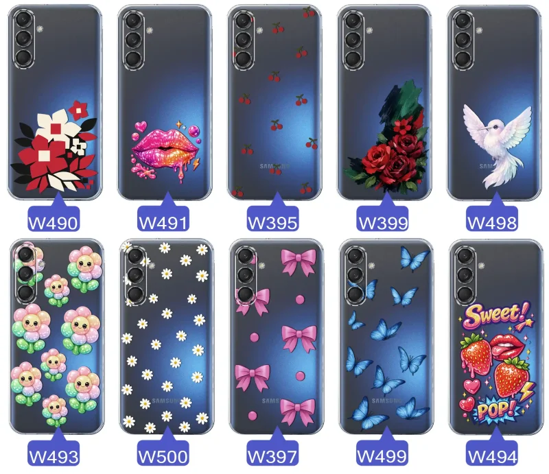 Kolekcja modnych etui z wzorami do Samsung Galaxy M55 5G – kolorowe modne wzory z kokardkami, różami, motylami, ustami, wisienkami