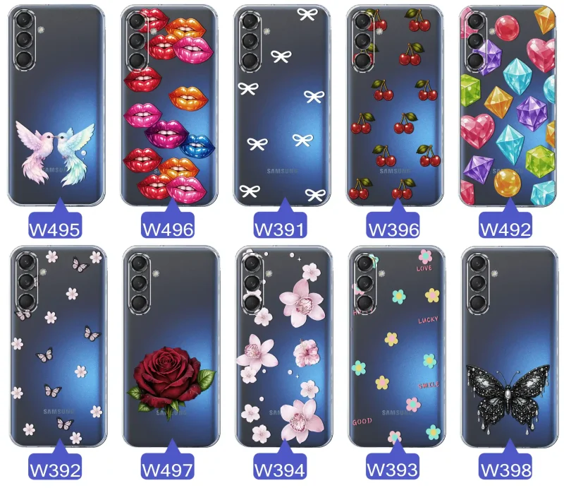 Różne kolorowe stylowe wzory na etui do Samsung Galaxy M55 5G: kwiaty, wiśnie, ptaszki, usta, kokardy