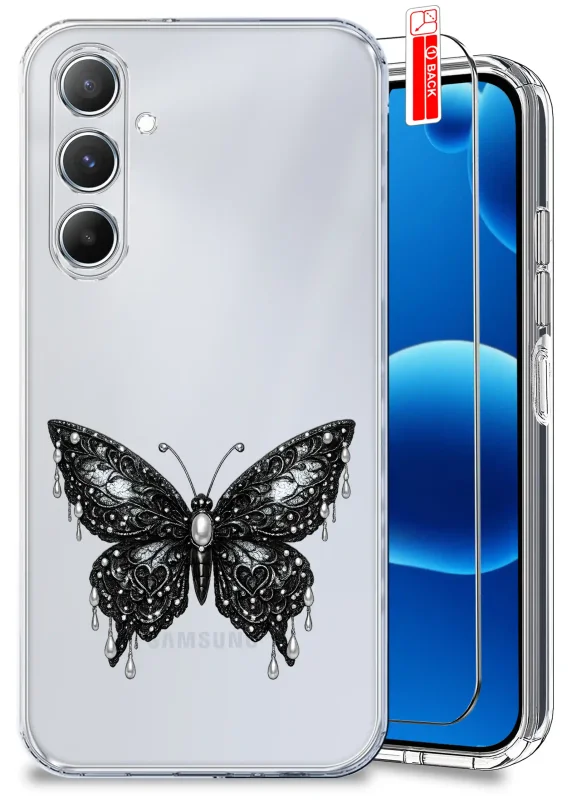 Przezroczyste etui do Samsung Galaxy M15 5G z modnym wzorem motyla oraz szkło hartowane w zestawie