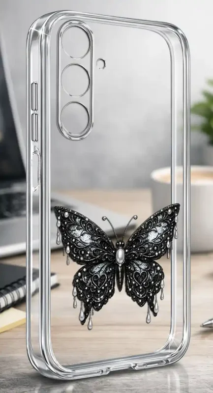 Przezroczyste modne etui z czarnym nadrukiem motyla do Samsung Galaxy M15 5G