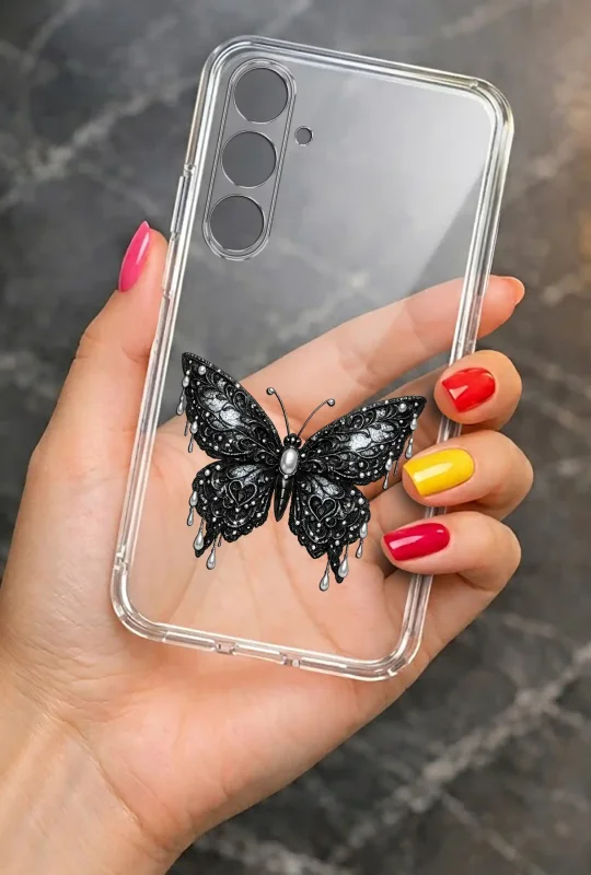 Modne etui do Samsung Galaxy M15 5G ze stylowym wzorem motyla, trzymane w dłoni