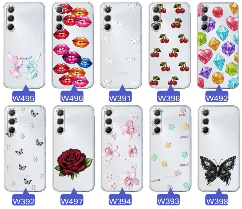Różne kolorowe stylowe wzory na etui do Samsung Galaxy M15 5G: kwiaty, wiśnie, ptaszki, usta, kokardy