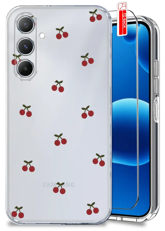 Przezroczyste etui do Samsung Galaxy A25 5G z modnym wzorem wisienek oraz szkło hartowane w zestawie
