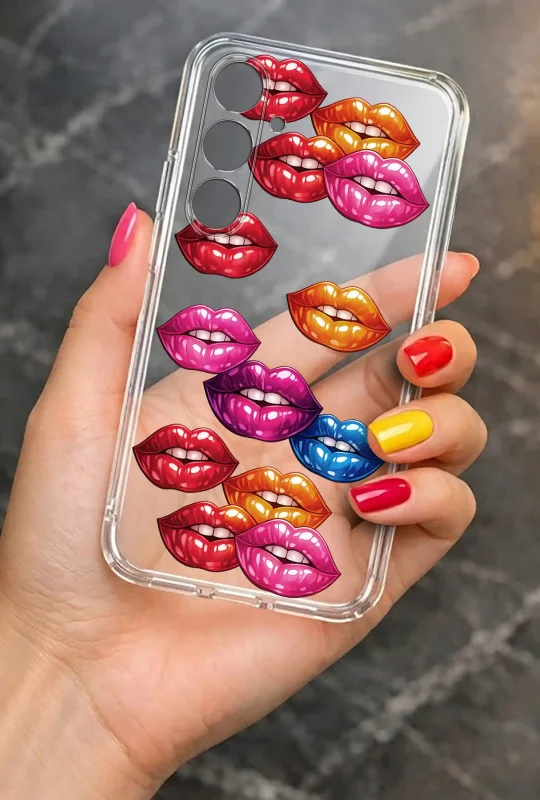 Modne etui do Samsung Galaxy A15 5G ze stylowym wzorem ust, trzymane w dłoni