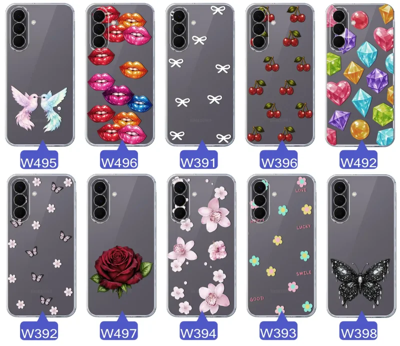 Różne kolorowe stylowe wzory na etui do Samsung Galaxy A57 5G: kwiaty, wiśnie, ptaszki, usta, kokardy