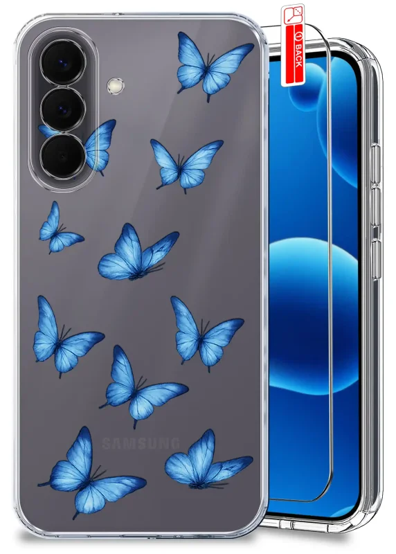 Przezroczyste etui z modnym wzorem motyli do Samsung Galaxy A57 5G i szkło hartowane w zestawie