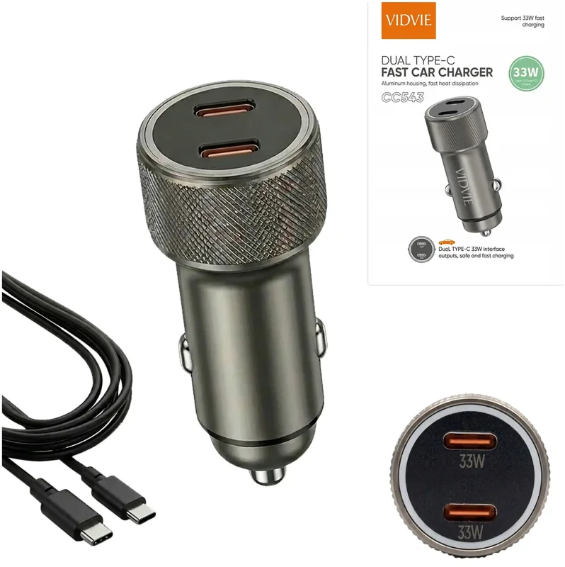 Szybka ładowarka samochodowa Vidvie 33W USB-C z kablem USB-C do USB-C w kolorze grafitowym