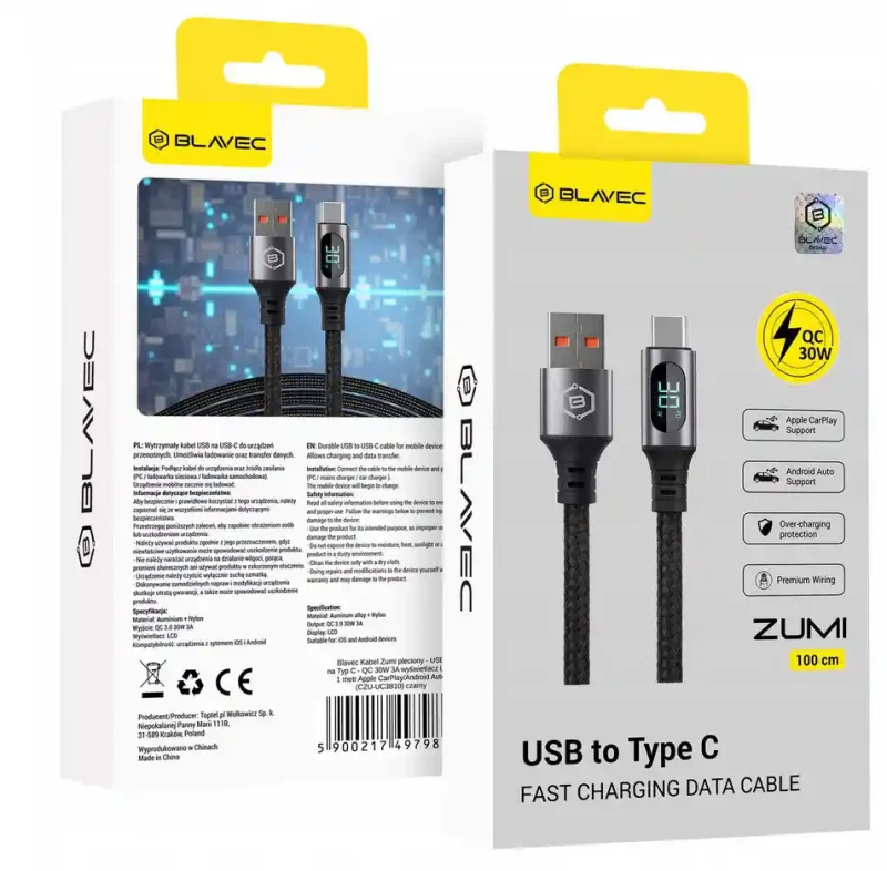 Opakowanie kabla Blavec USB-A USB-C 30W 1m z funkcją szybkiego ładowania QC i transferu danych
