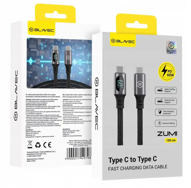Opakowanie kabla Blavec USB-C USB-C 60W 1m z funkcją szybkiego ładowania PD i transferu danych