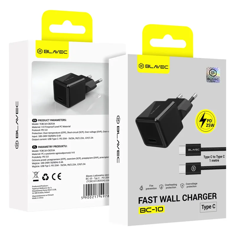Opakowanie czarnej ładowarki Blavec BC-10 USB-C 25W z kablem USB-C 1m i zabezpieczeniami ładowania