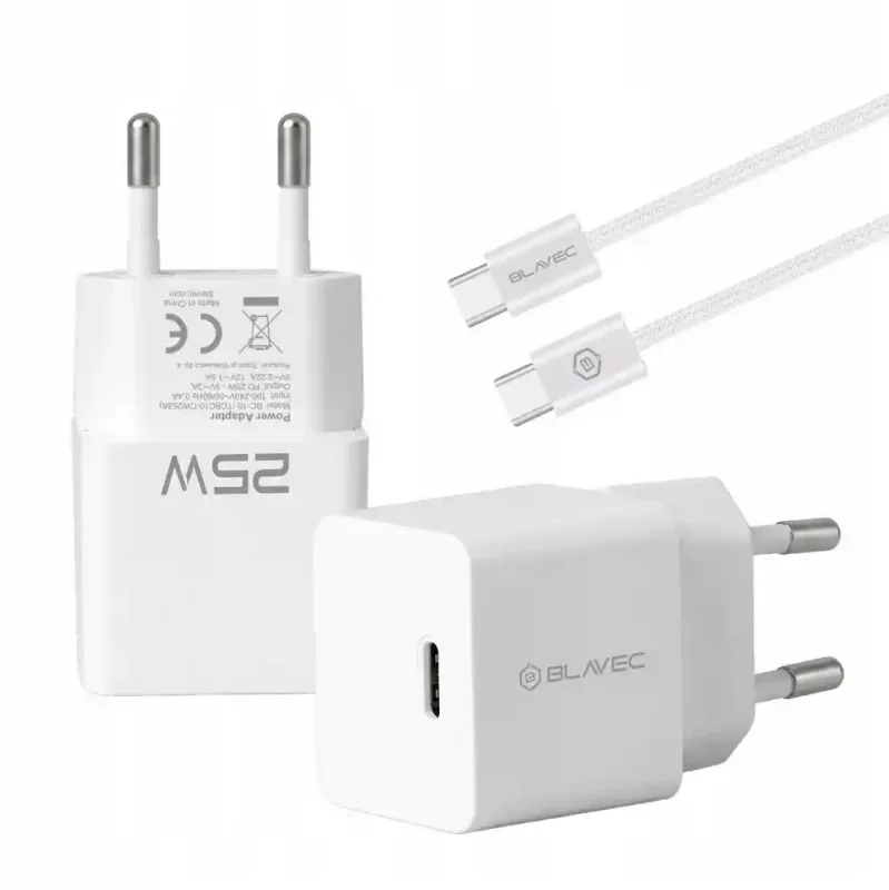 Biała ładowarka Blavec BC-10 PD 25W z portem USB-C i kablem USB-C do USB-C