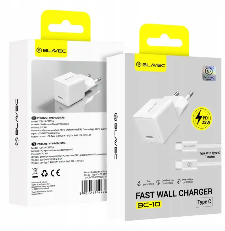 Opakowanie białej ładowarki Blavec BC-10 USB-C 25W z kablem USB-C 1m i zabezpieczeniami ładowania