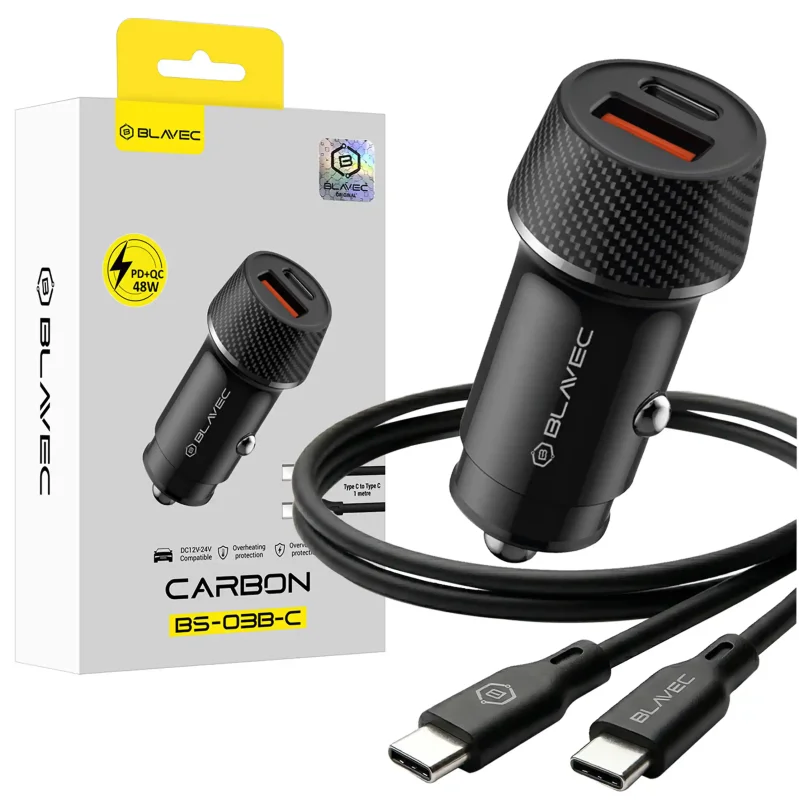 Szybka ładowarka samochodowa Blavec USB-A USB-C 48W Carbon z kablem USB-C na USB-C i opakowaniem