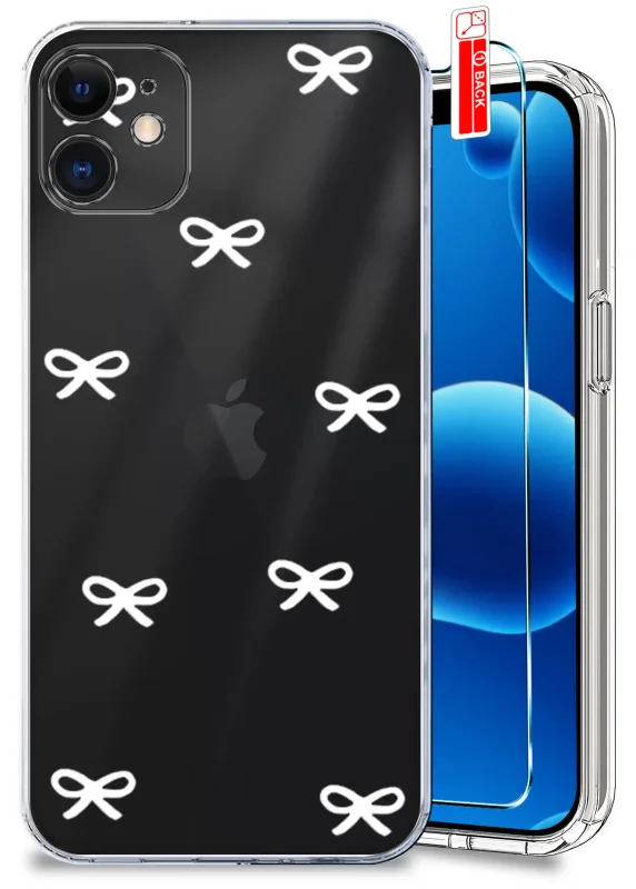 Przezroczyste etui do iPhone 11 z modnym wzorem kokardek i szkłem hartowanym w zestawie