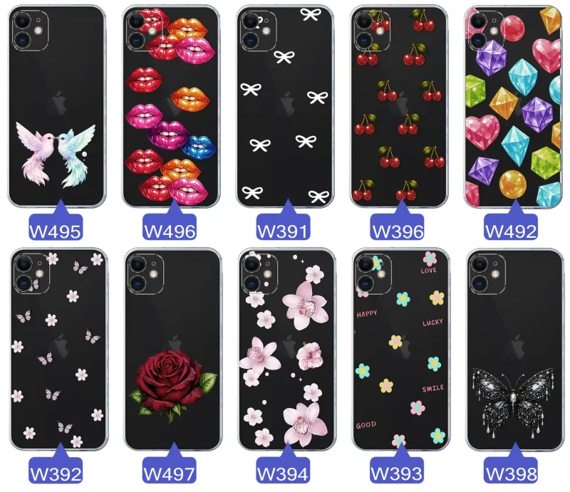 Różne kolorowe stylowe wzory na etui do iPhone 11: kwiaty, wiśnie, ptaszki, usta, kokardy