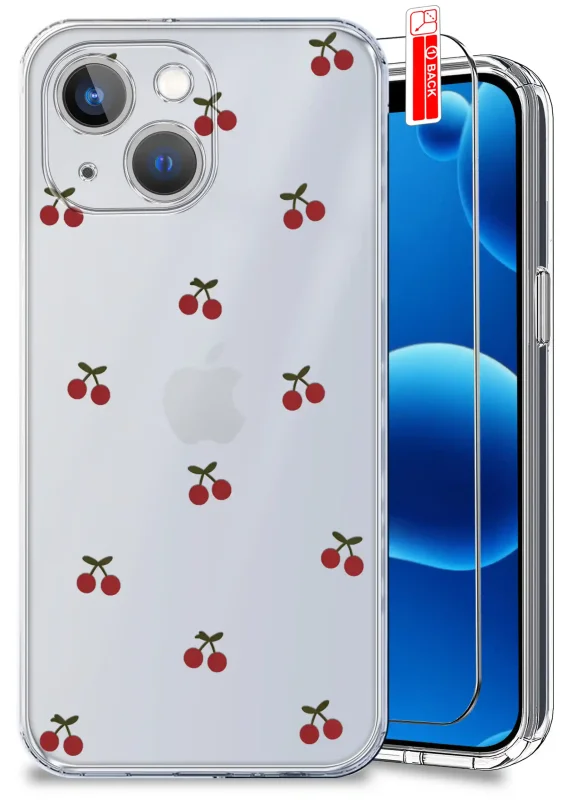 Przezroczyste etui do iPhone 13 / 14 z modnym wzorem wisienek i szkło hartowane w zestawie