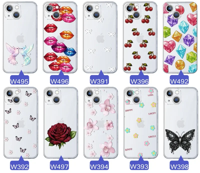 Różne kolorowe stylowe wzory na etui do iPhone 13 / 14: kwiaty, wiśnie, ptaszki, usta, kokardy