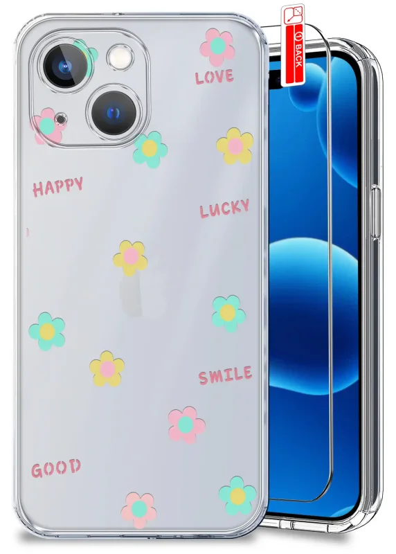Przezroczyste etui do iPhone 15 z modnym wzorem kwiatków i napisem lucky oraz szkło hartowane w zestawie