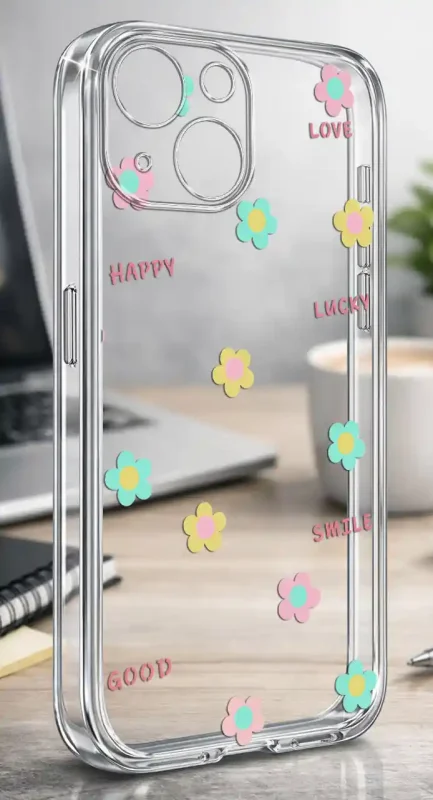 Przezroczyste modne etui z kolorowym nadrukiem kwiatków i napisem lucky do iPhone 15