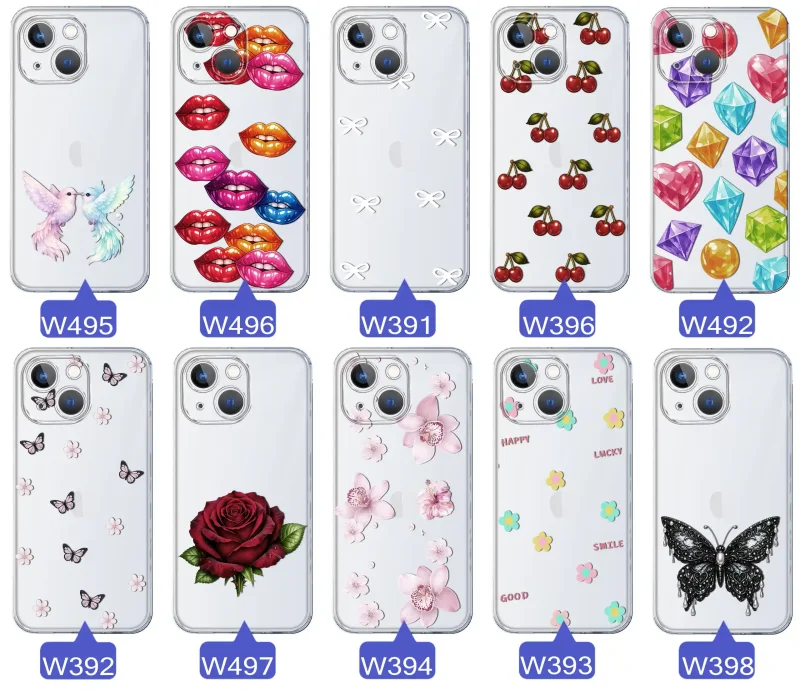 Różne kolorowe stylowe wzory na etui do iPhone 15 Plus: kwiaty, wiśnie, ptaszki, usta, kokardy